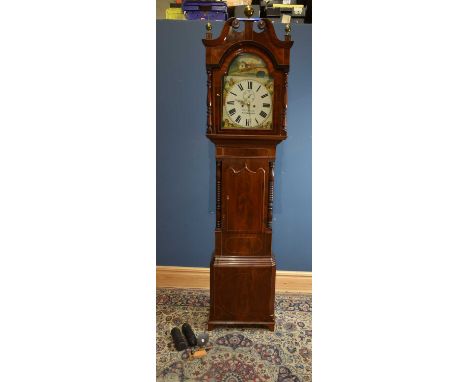 THOS MYCOCK, WATERHOUSES; a 19th century inlaid oak eight day longcase clock, the arched enamel dial painted with rural scene