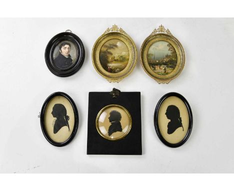 A portrait miniature of a gentleman, together with two miniature landscape oils and three silhouettes, portrait miniature 8 x
