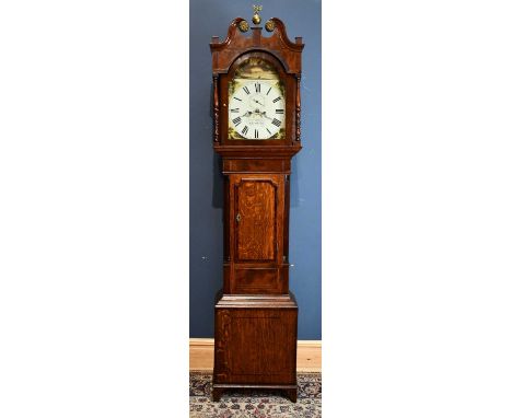 GREGORY &amp; HUBER, STOURBRIDGE; a 19th century eight day longcase clock, the painted face set with figures in a landscape a