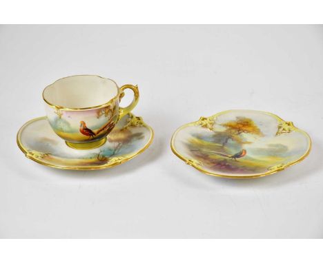 ROYAL WORCESTER; a Hadley period trio with hand painted decoration.Condition Report: Side plate with cello tape residue, ligh