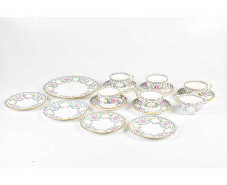 MINTONS; a floral pattern part tea service to include six cups, five saucers, one dinner plate and four side plates.