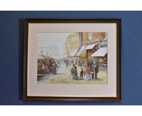 K CHERRINGTON; watercolour, market, Standish Street, Burnley, signed, 31 x 42cm, framed and glazed.