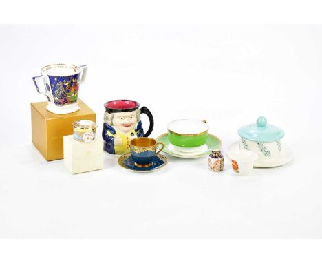 A small mixed lot of ceramics including a miniature Royal Crown Derby jar and cover, Royal Worcester coffee can and saucer, P