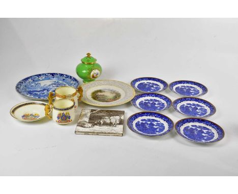 A Coalport potpourri jar with cover, a Minton tile, together with two Paragon commemorative cups, one celebrating King George