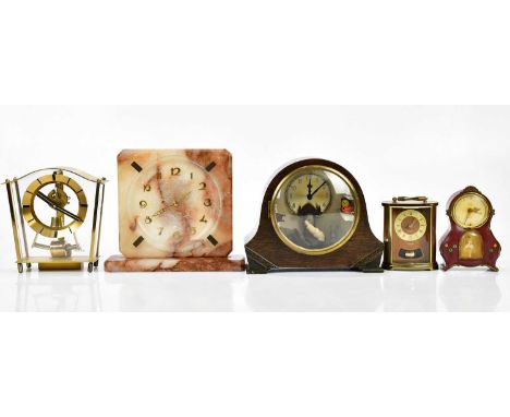 An Art Deco marble mantel clock, the dial set with gilt Arabic numerals, height 22cm, Kundo electronic mantel clock, H Samuel