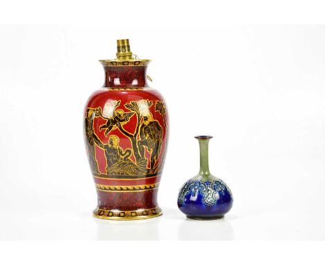 ROYAL DOULTON; a vase converted to a table lamp, decorated with Grecian figures, together with a squat Artware vase by Doulto