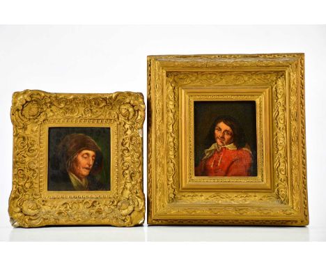 ENGLISH SCHOOL; a late 17th / 18th century, oil on panel, portrait of a gentleman in a red tunic, unsigned, 11 x 9cm, framed,