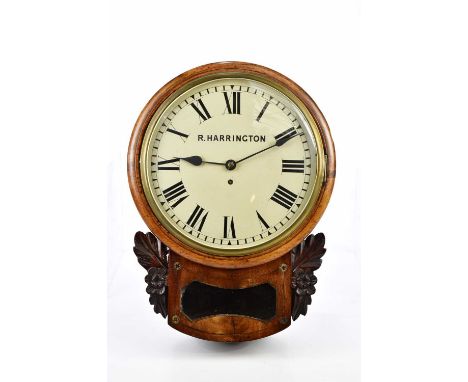 R. HARRINGTON; a 19th century mahogany cased circular wall clock, the painted dial set with Roman numerals above the drop box