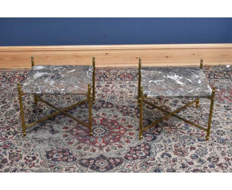 A pair of brass and marble topped lamp tables, height 42cm, width 47cm, depth 47cm.