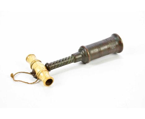 A 19th century Thomason style double action corkscrew with bone handle.Condition Report: Part of the plaque has been broken a