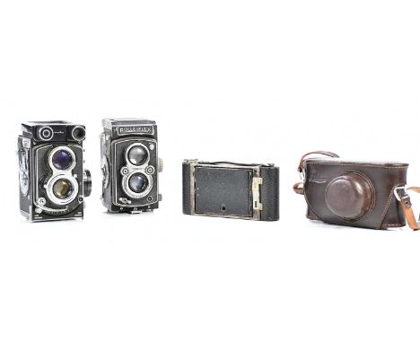 ROLLEIFLEX; a vintage camera, a Minolta twin lens camera and a Leica case, etc (4).