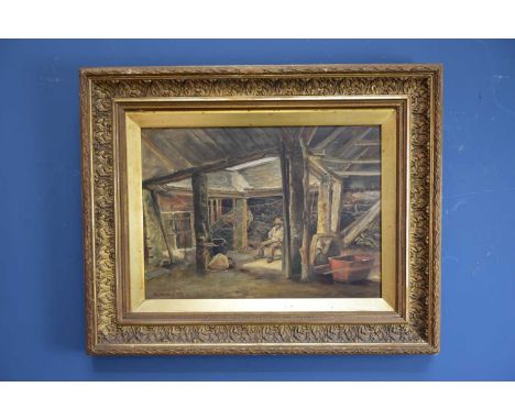 R HOSKIN; 19th century oil on canvas, barn interior with seated figure, signed and dated 1897, 36 x 50cm, framed.
