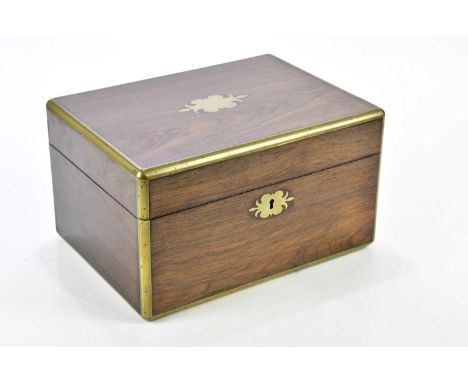 A Victorian brass bound rosewood vanity case, the hinged cover enclosing push release button and side drawer, width 30cm, dep