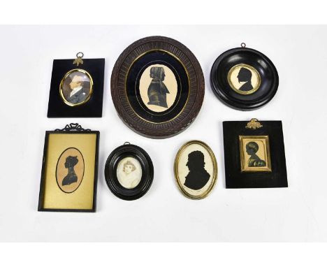 A collection of 19th century and later portrait miniatures and silhouettes including an oval example of a maiden wearing a bo