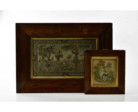 A 19th century needlework tapestry depicting parrots perching in landscape, 13 x 23cm, in rosewood frame, and a smaller needl