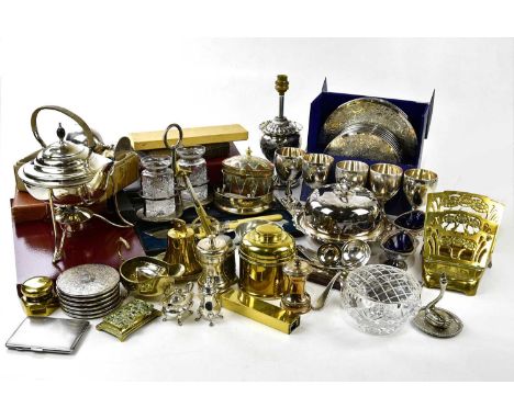 A collection of electroplated items to include cased cutlery, cruets, salts, a cigarette case, cups, a spirit kettle, etc.