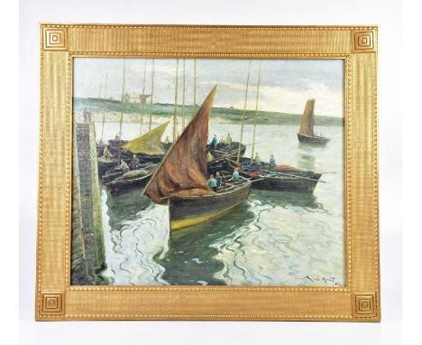 † R LE ROSSETT; oil on board, fishermen with boats, signed and dated 1972, 49 x 59cm, framed.