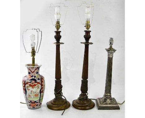 A silver plated Corinthian column table lamp, height including fitting 52cm, a pair of table lamps and a Japanese Imari examp