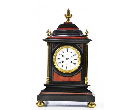 E. WHITE, PARIS; a 19th century slate and marble mantel clock, with central urn finial above four further finials and enamel 