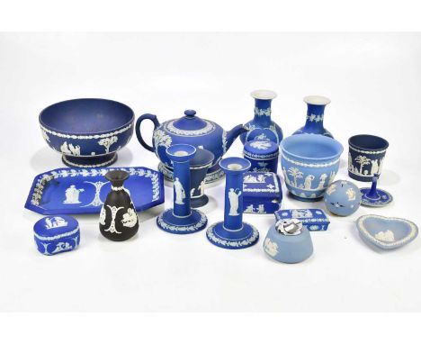 WEDGWOOD; a collection of 19th century and later Jasperware including a dressing table set etc.  Condition Report: The spout 