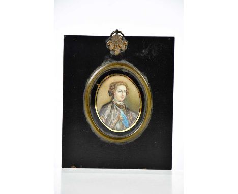 X ENGLISH SCHOOL, 19TH CENTURY; watercolour on ivory miniature, portrait of Prince Charles Edward Stuart, 7 x 6cm, in ebonise