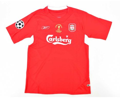 STEVEN GERRARD; a signed Liverpool 2005 retro style shirt, signed to the reverse, size M.Condition Report: Light creasing and