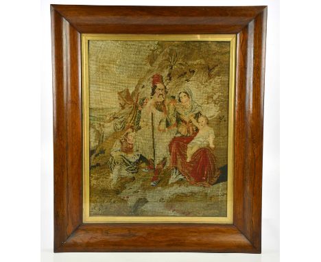 A 19th century rosewood framed tapestry, seated figures, 80cm x 68cm. 