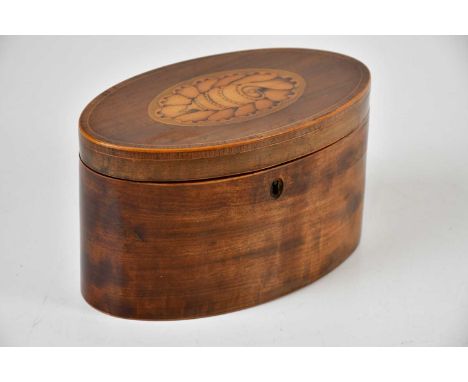 A 19th century mahogany oval shell inlaid tea caddy, height 11cm.