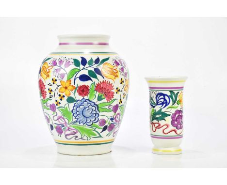 POOLE POTTERY; a large hand painted vase with floral decoration, height 34cm, and a similar smaller example (2).Condition Rep