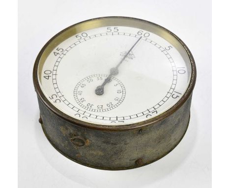 DENT, LONDON; a hanging stop clock, the enamel dial set with Arabic numerals and subsidiary dial, diameter 18cm.