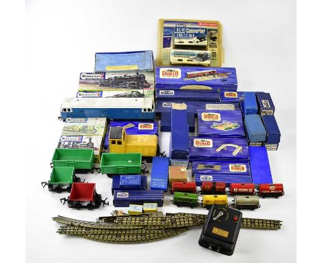 HORNBY DUBLO; a collection of vintage rolling stock, kitmaster trains, a blue flyer train and assorted track