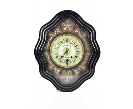 A. GUIBOURG; a late 19th century French ebonised wall clock, with green painted dial and set with white enamel painted Roman 