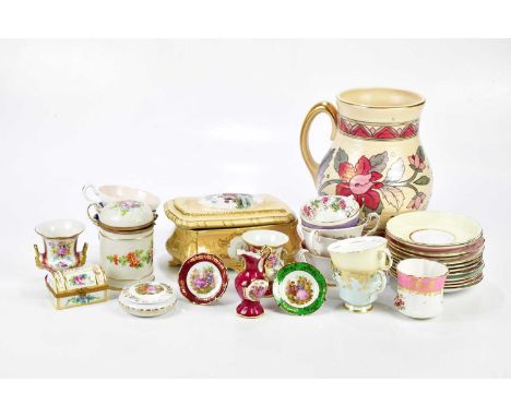 An assortment of ceramics including a Continental trinket box cover in the style of Limoges, Paragon teacups and saucers, a C