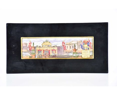 A 19th century printed tile titled ‘The Reception of H.R.H. The Prince of Wales and Princess Alexandra at London Bridge, Marc