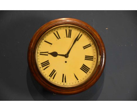 A 19th century mahogany cased station wall clock, the enamel dial set with Roman numerals, with fusée movement, diameter 38cm