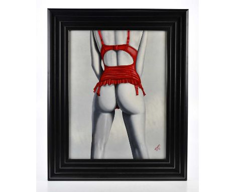† EROTICA; oil on board by M Davidson, study of female figure in red lingerie, signed and dated lower right, 2012, 50 x 38cm,