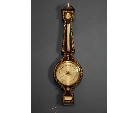 X J B & J RONCHETTI; a 19th century mother of pearl inlaid rosewood wheel barometer with ivory urn finial, with silvered dial