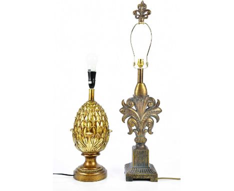 A modern gilt pineapple lamp, height 42cm and a modern fleur-de-lis type table lamp (2).