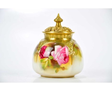 SPILSBURY FOR ROYAL WORCESTER; a potpourri and cover decorated with roses, height 10cm.Condition Report: Light wear to the gi