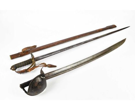 An Edward VII officer's dress sword with shagreen grip and leather mounted scabbard, overall length 98cm, and a naval cutlass