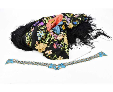 A Victorian shawl with needlework floral decoration, a vintage lady's enamel and brass belt with floral detail and a Charles 