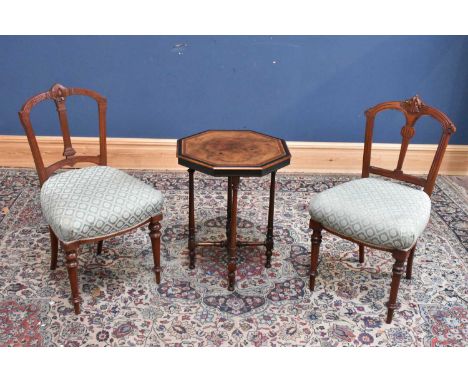 A Victorian walnut and ebonised octagonal top occasional table and two Victorian walnut bedroom chairs (3).