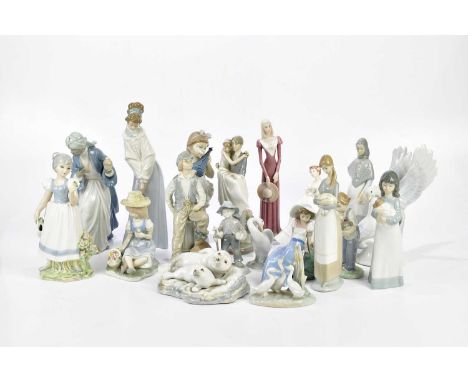 NAO; a collection of eight figures and models including a lady playing croquet, height 35cm, three Lladro figures including a