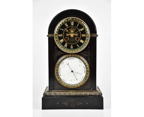 A Victorian slate combination mantel clock/barometer, with arched top and gilt dial bearing Roman numerals, with enamelled ba