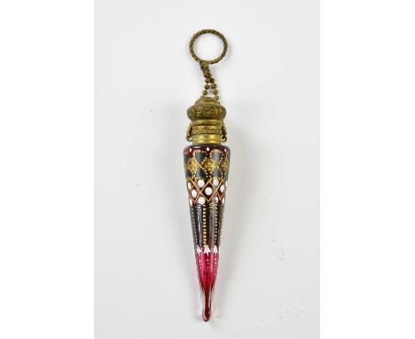 A Victorian Bohemian glass scent bottle of conical form with enamel decoration and gilt metal top, height 10cm.Condition Repo