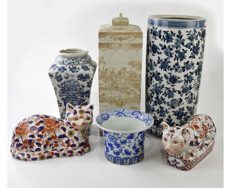 A modern decorative jar and cover, transfer printed with a willow scene, height 47cm, a modern Chinese blue and white stick s