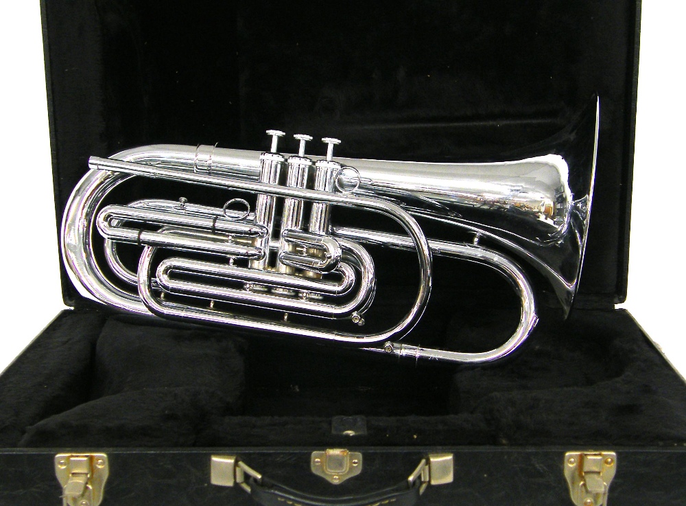 Dynasty chrome plated three valve mellophone, case