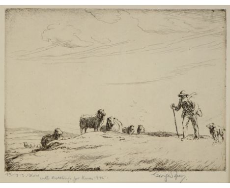GEORGE SOPER, R.E. (1870-1942) A farmer and his dog, etching, signed in pencil &amp; with greetings to margin dated 1925, 13.