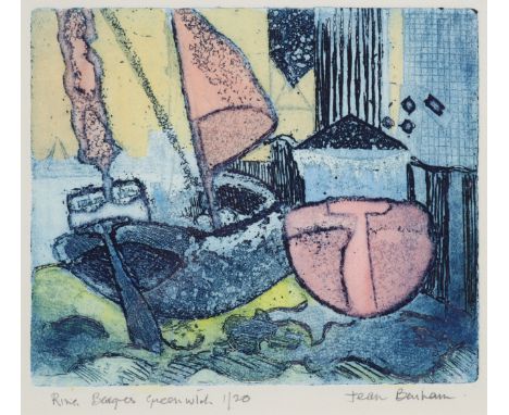 JEAN BARHAM (b. 1924) “Ring Barges Greenwich”, linocut print in colours, signed, inscribed &amp; numbered 1/20 in pencil, 18.