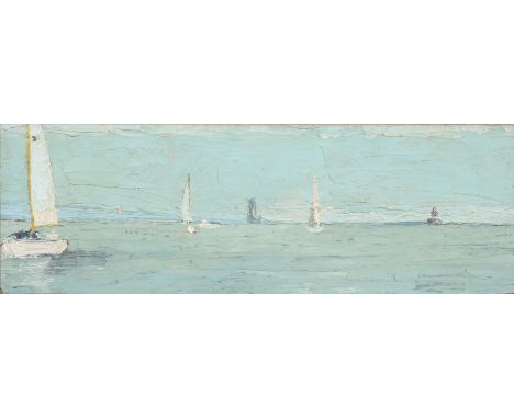 ENGLISH SCHOOL (Contemporary) a coastal landscape with sailing vessels in calm waters, Oil on wooden panel: 10 x 30cm, in pai